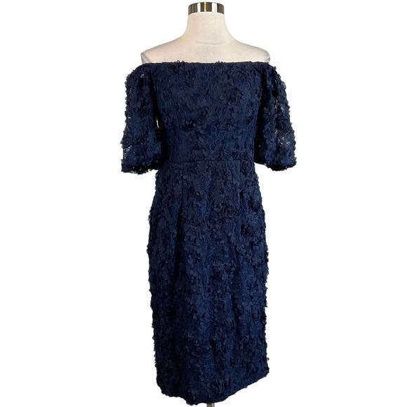 XSCAPE Women's Cocktail Dress Size 6 Blue Floral Lace Off the Shoulder Sheath - Picture 1 of 11